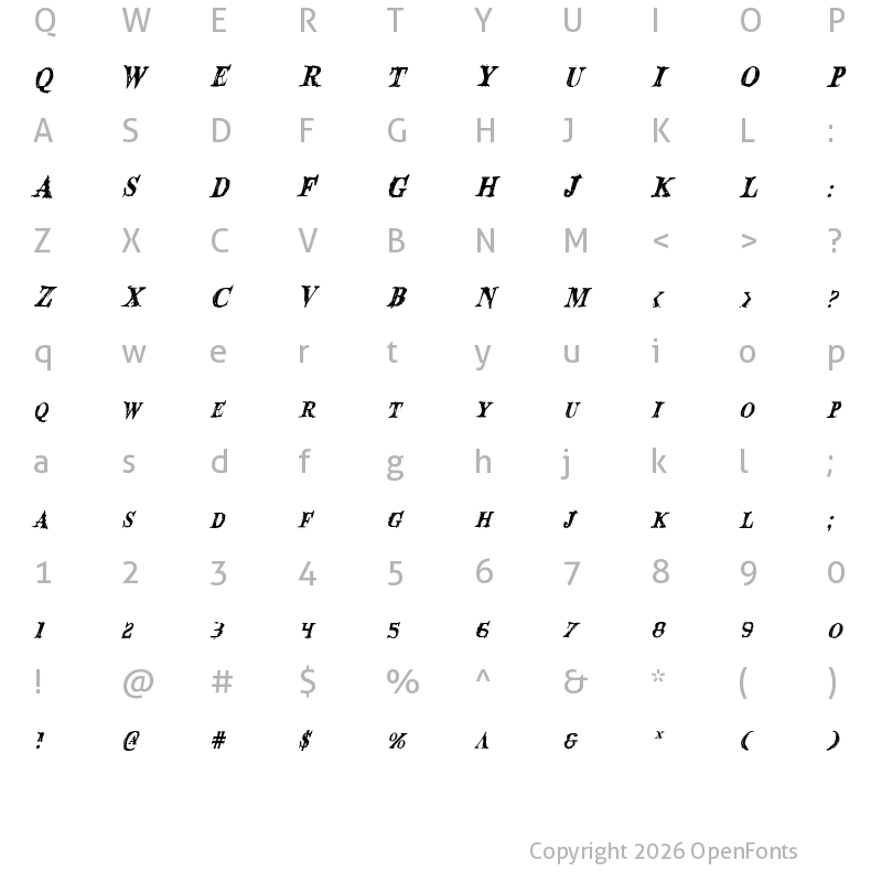 Character Map of Blood Crow Condensed Italic Condensed Italic
