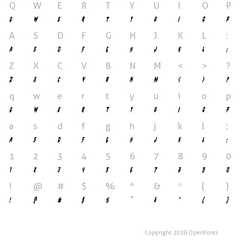 Character Map of Bloodlust Condensed Italic Condensed Italic