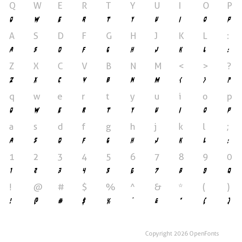 Character Map of Bloodlust Rotalic Italic