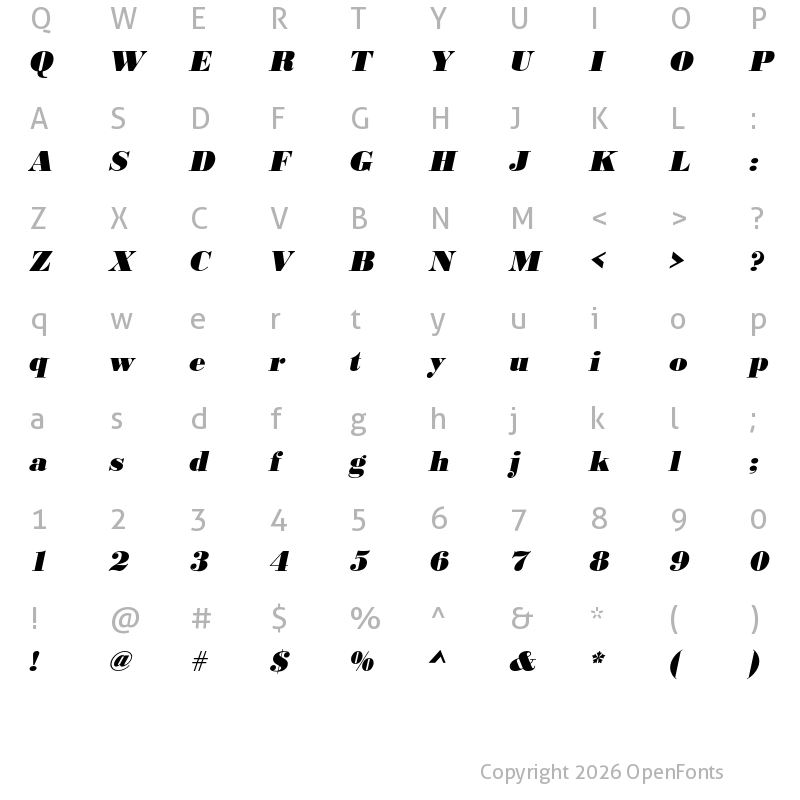 Character Map of Bodoni URW Extra Bold Oblique