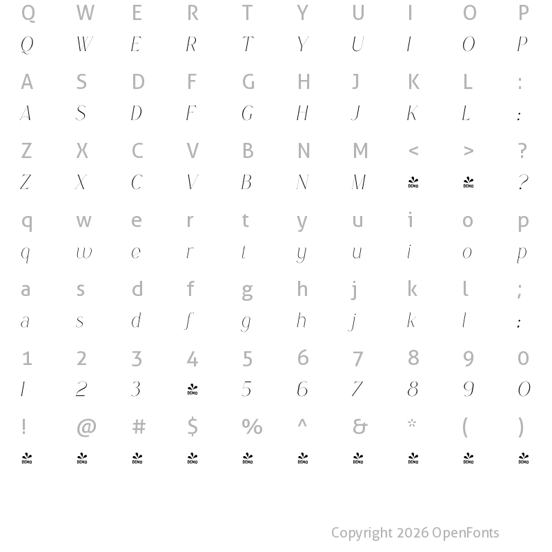 Character Map of Boketto Italic Extra Light