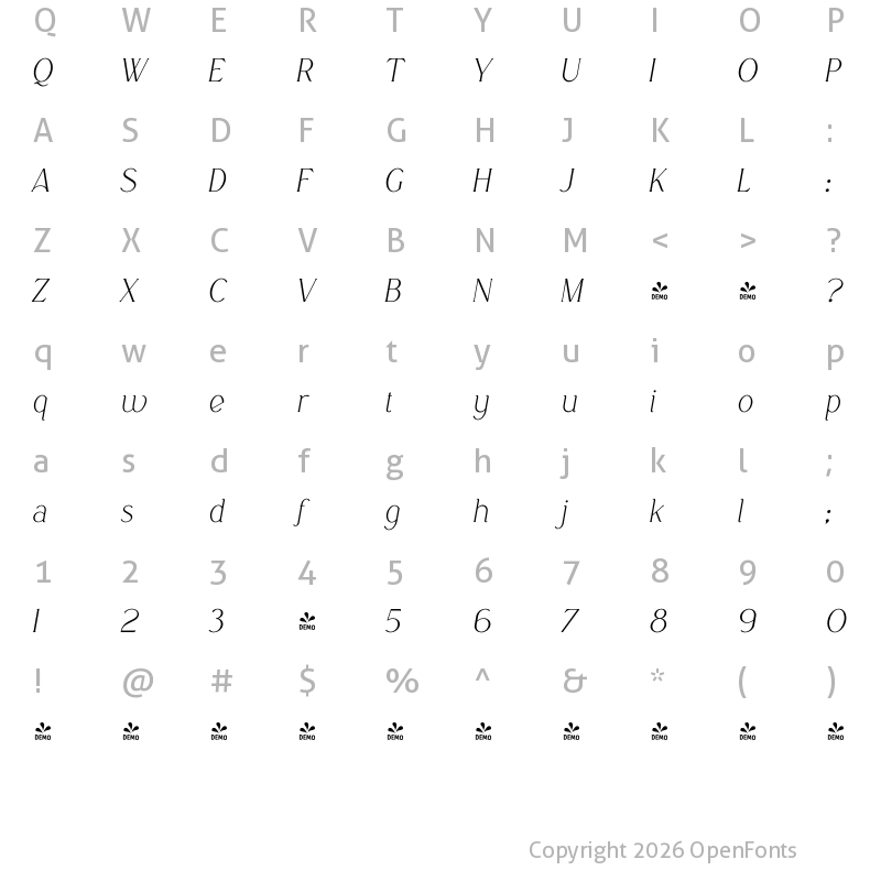 Character Map of Boketto Italic Semi Bold