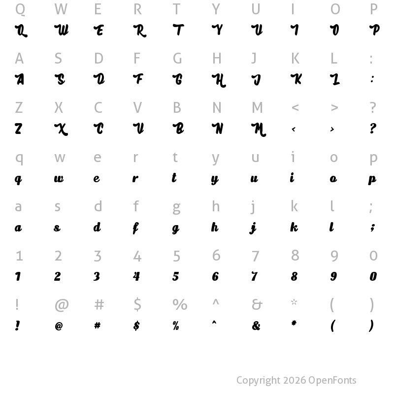 Character Map of Boldka Script Regular