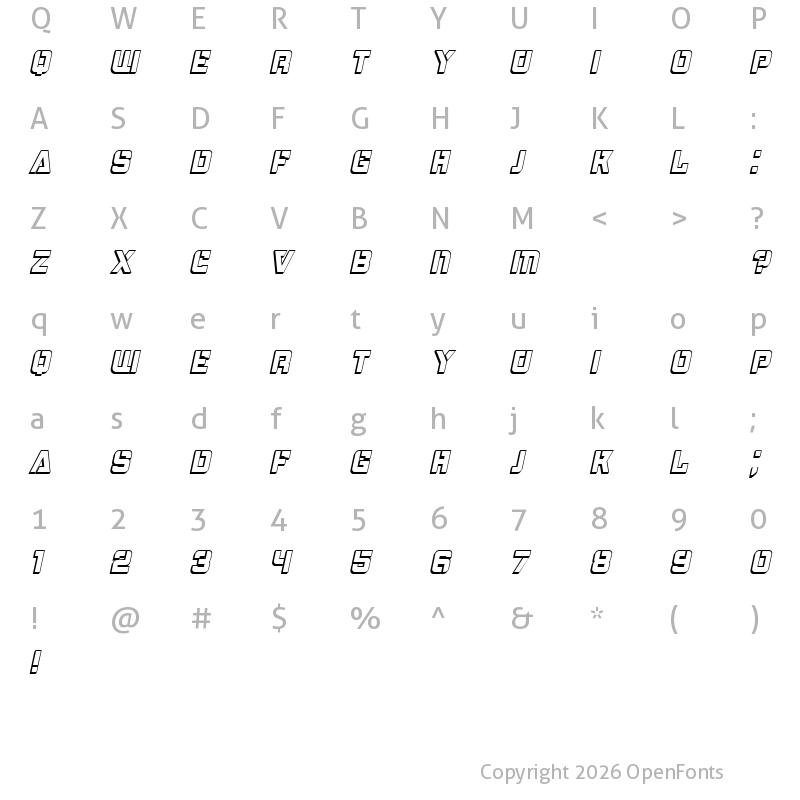 Character Map of Bombardment 3D Italic