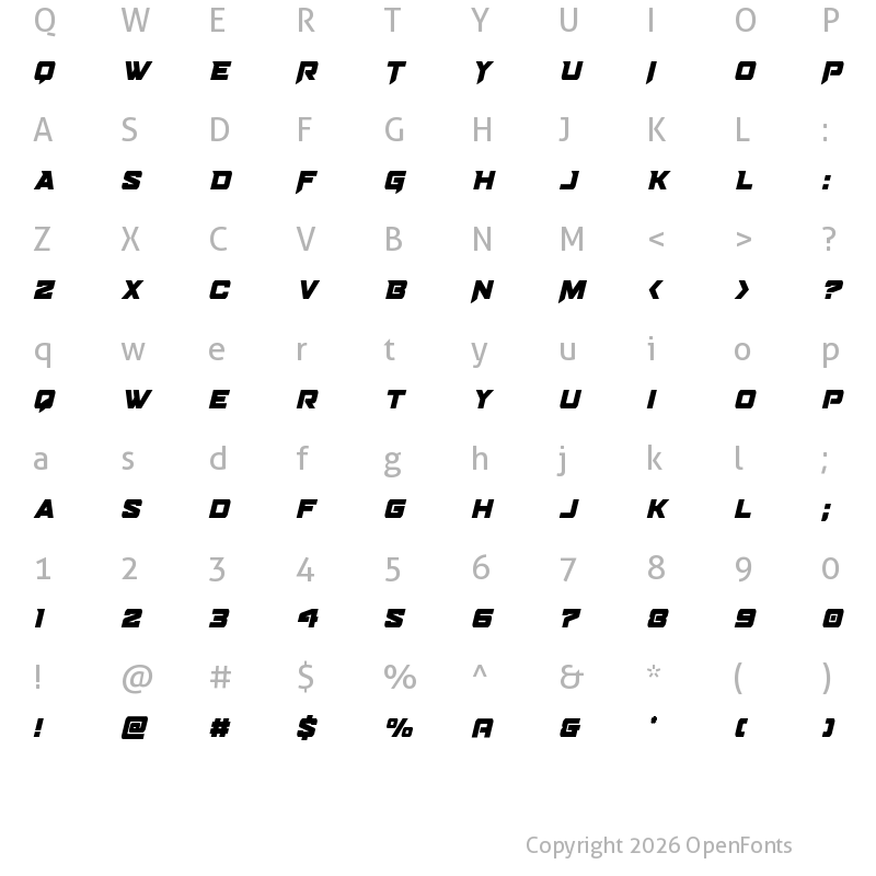 Character Map of Bomber Escort Condensed Italic Regular