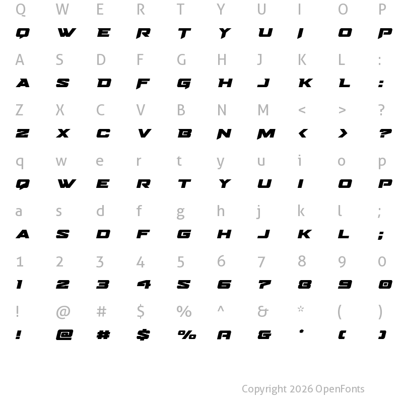 Character Map of Bomber Escort Expanded Italic Regular