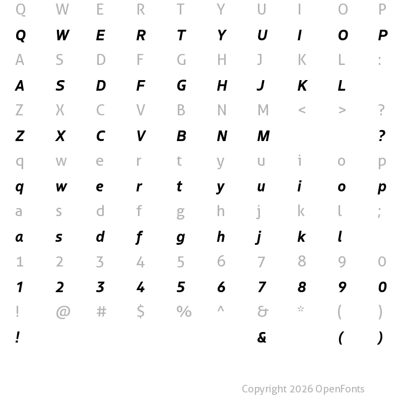 Character Map of Boreal Bold Italic