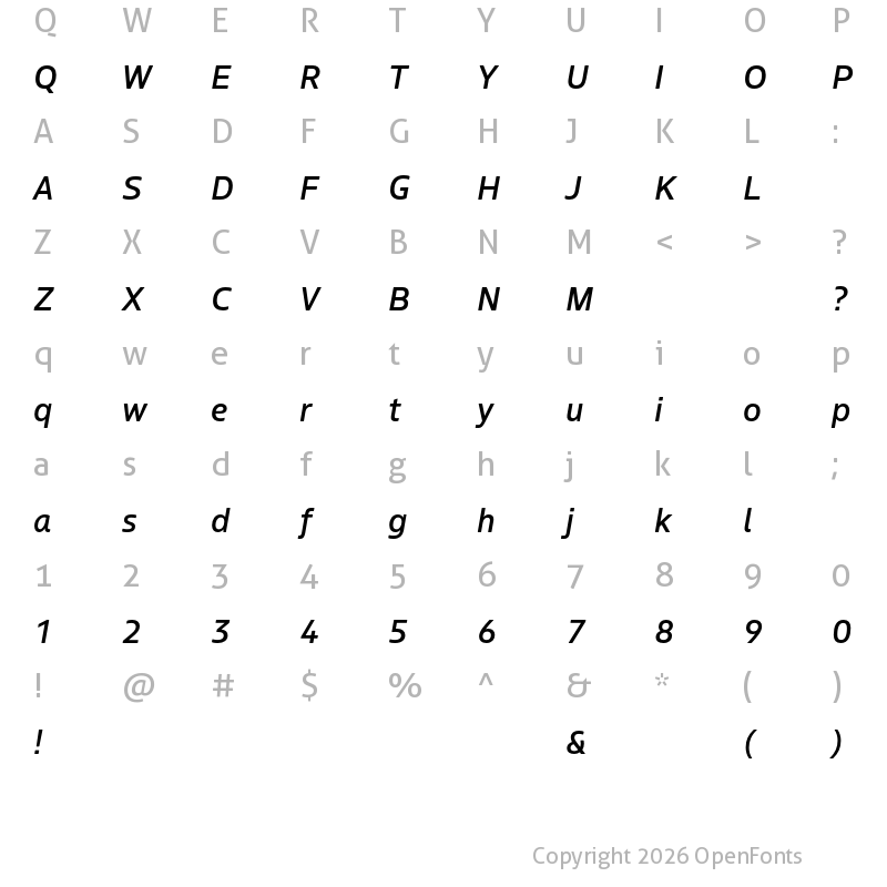Character Map of Boreal Medium Italic