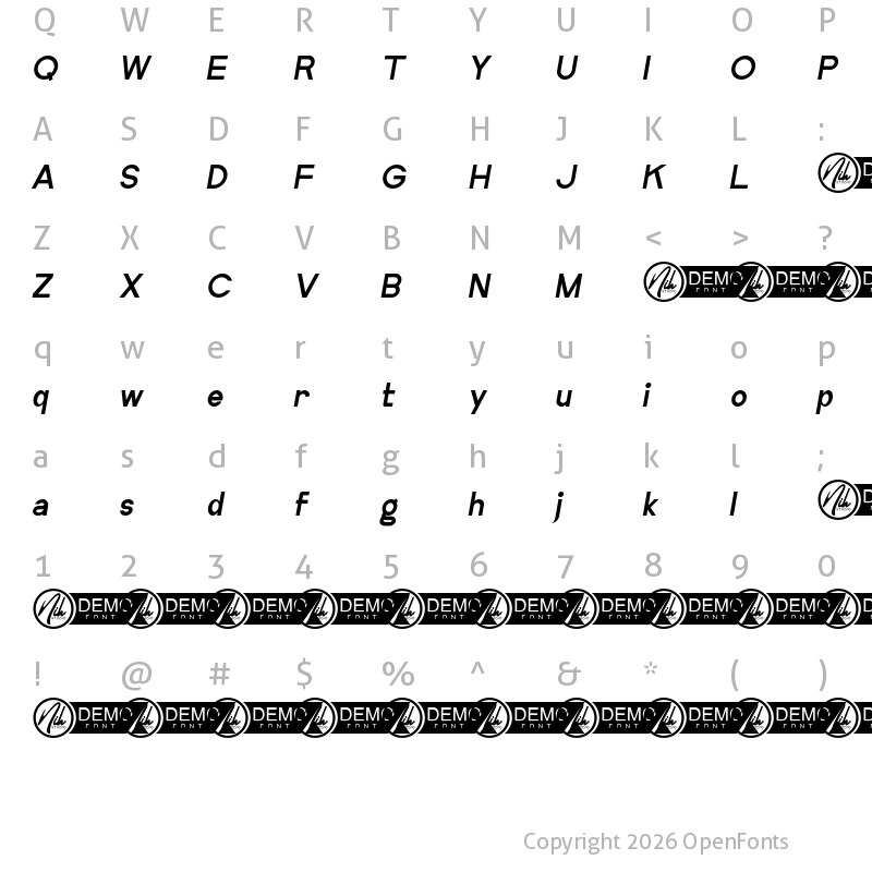 Character Map of Boreland Demo Italic