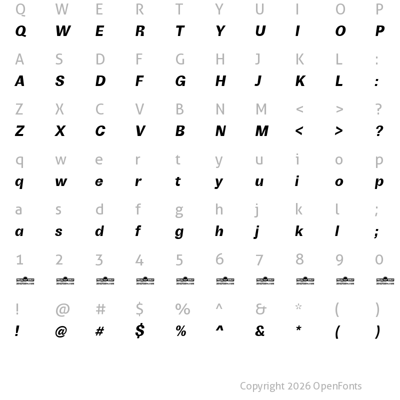 Character Map of Boring Sans B Trial Bold Italic