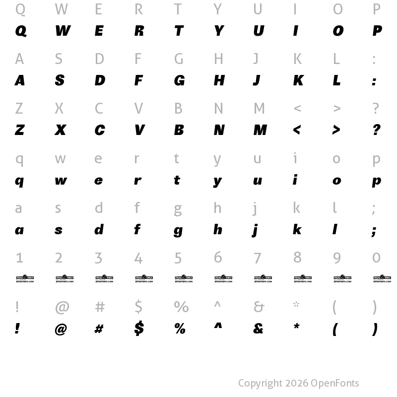 Character Map of Boring Sans B Trial Heavy Italic