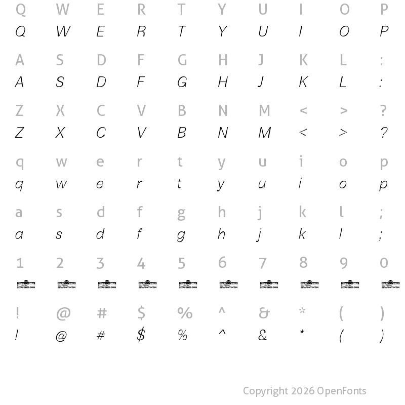 Character Map of Boring Sans B Trial Light Italic