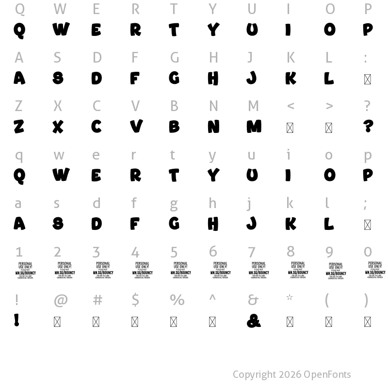 Character Map of Bouncy Blue PERSONAL Regular