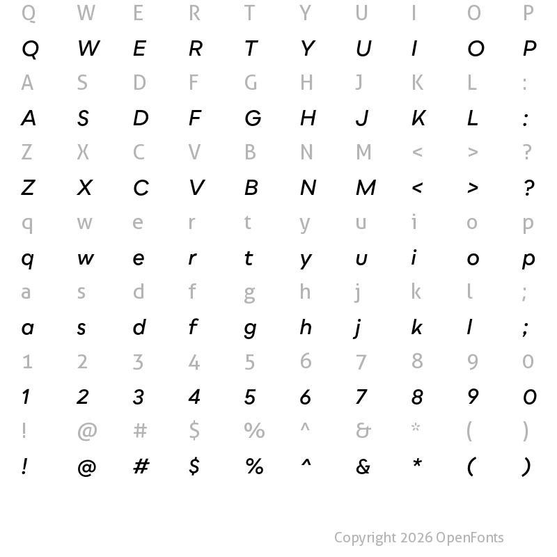 Character Map of Bozon Demi Bold Italic