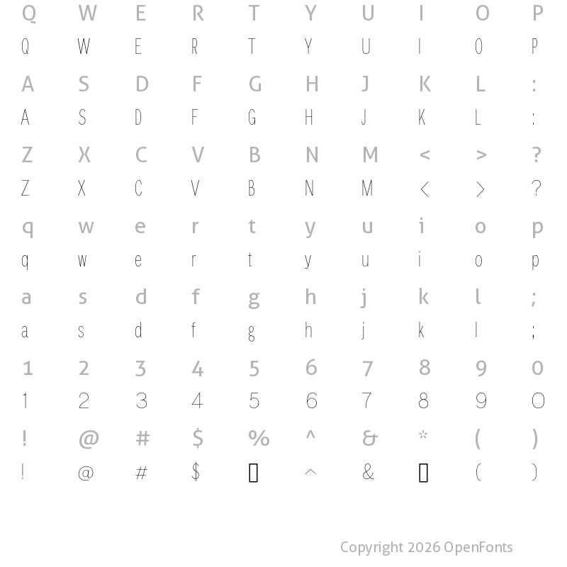 Character Map of Breite Grotesk Light Condensed