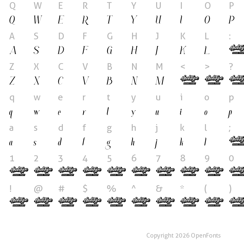 Character Map of Bricklay Demo Italic