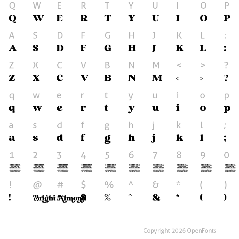 Character Map of Bright Almond Personal Use Only Regular