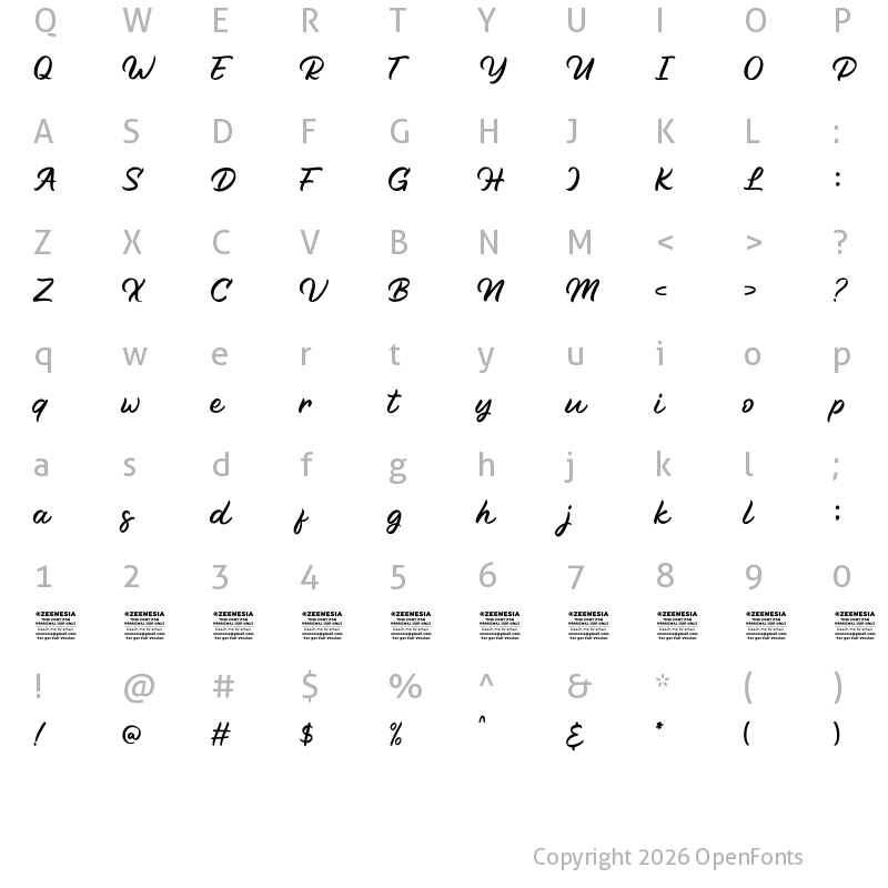 Character Map of Bright Diamond Script Personal Regular