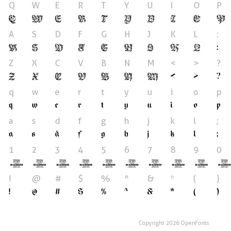 Character Map of Bronzion Deco PERSONAL USE Regular