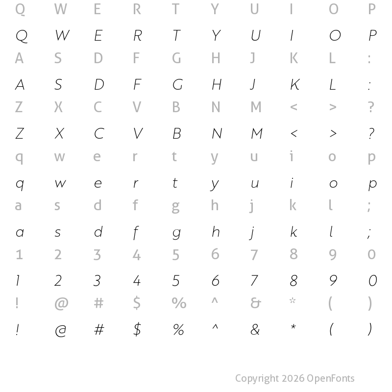 Character Map of Brother 1816 Thin Italic