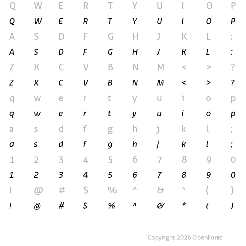 Character Map of Bruna Regular Italic