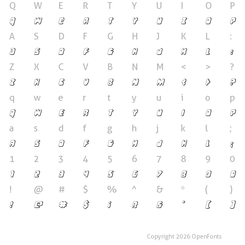 Character Map of Bubble Butt 3D Italic Italic