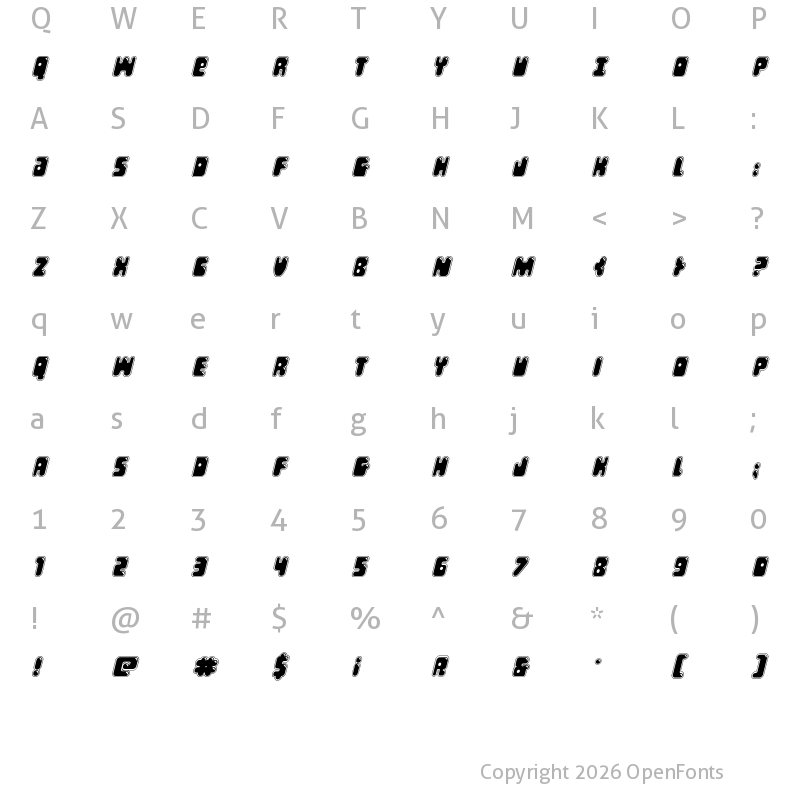 Character Map of Bubble Butt Academy Italic Italic