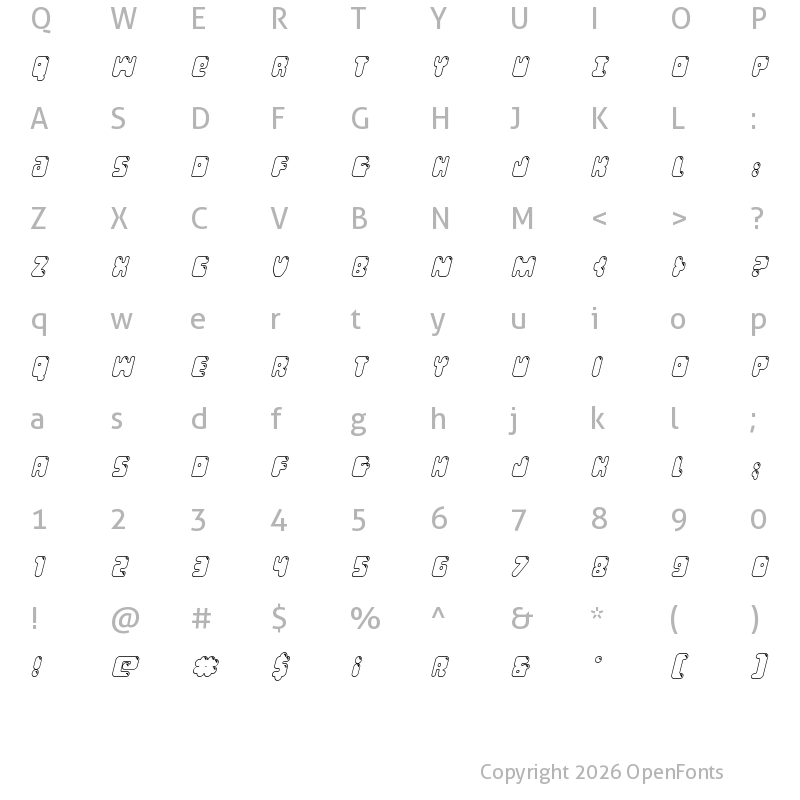 Character Map of Bubble Butt Outline Italic Italic