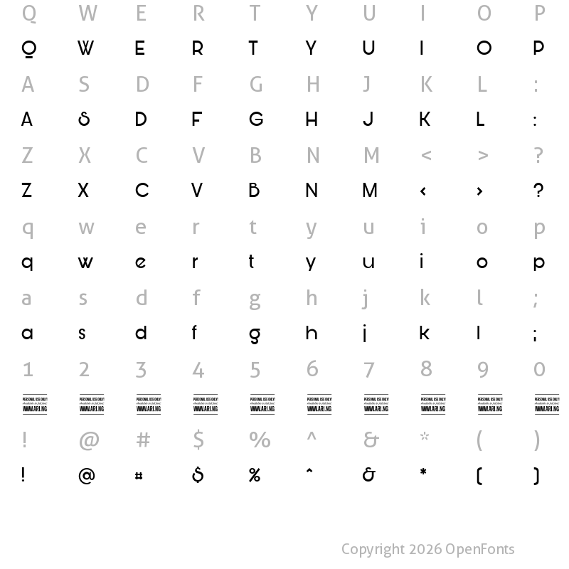 Character Map of Bunya PERSONAL Regular