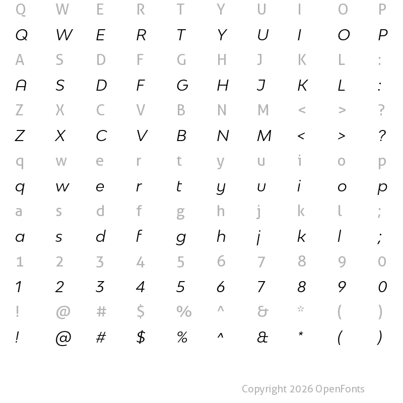Character Map of Bw Modelica SS01 Regular Italic