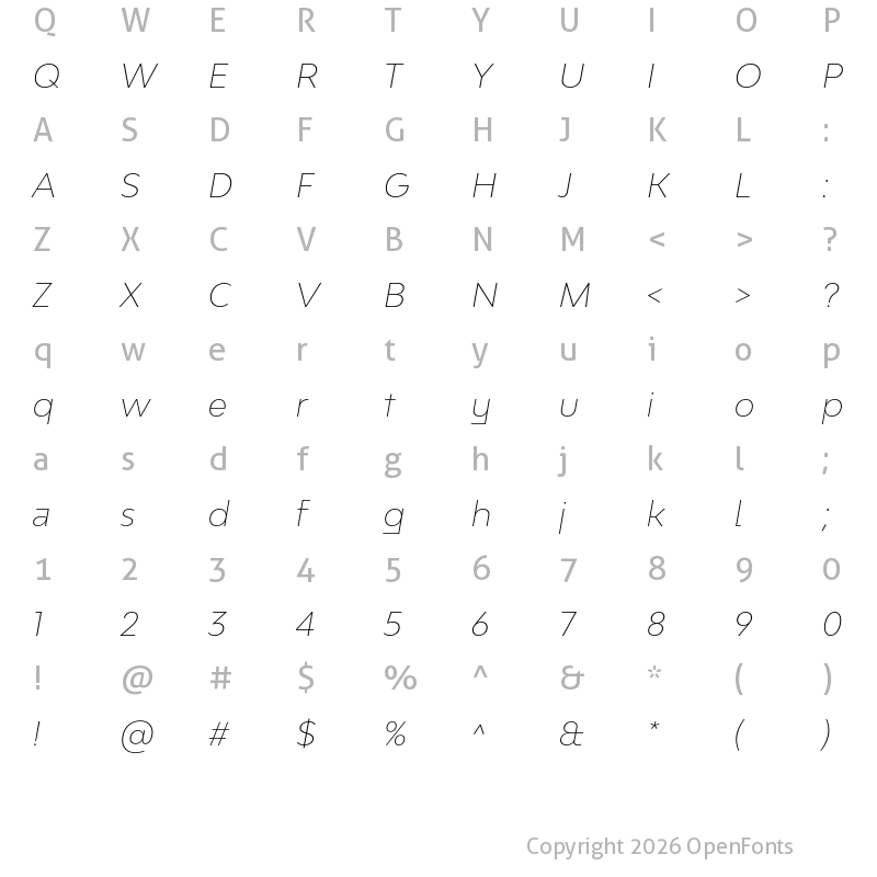 Character Map of Bw Modelica SS02 Thin Italic