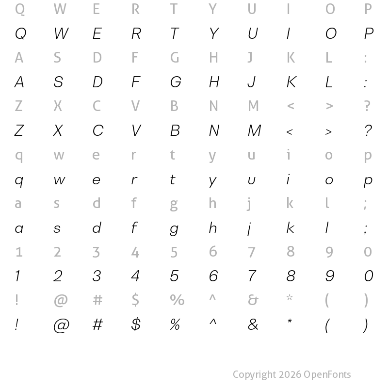 Character Map of Bw Nista Geometric DEMO Light Italic