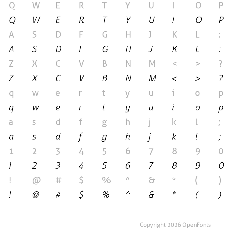 Character Map of Cabrito Sans Norm Regular Ital