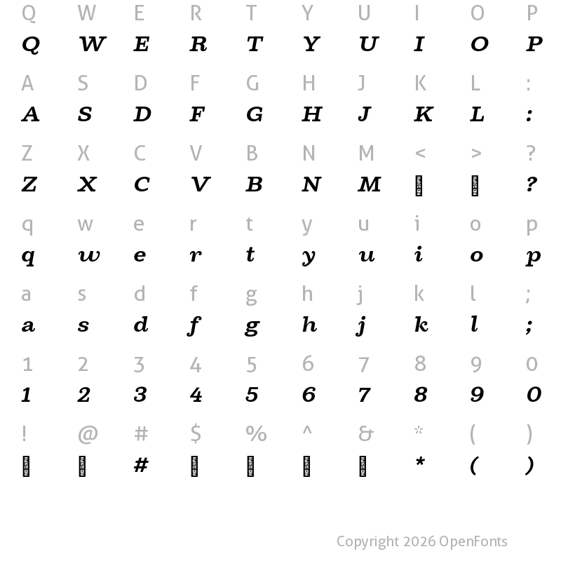 Character Map of Cagney Trial Bold Italic