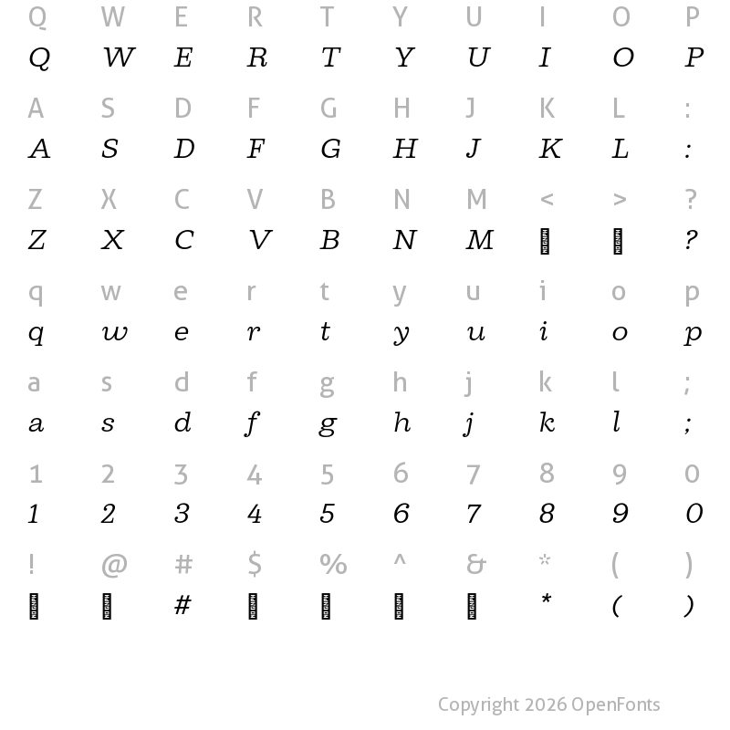 Character Map of Cagney Trial Book Italic