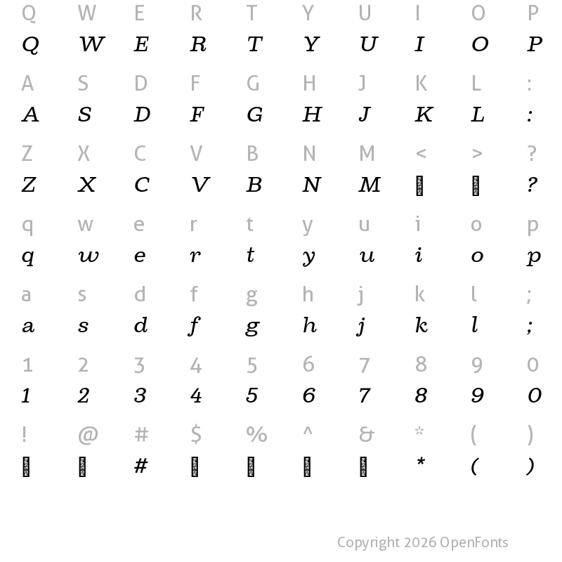 Character Map of Cagney Trial Regular Italic