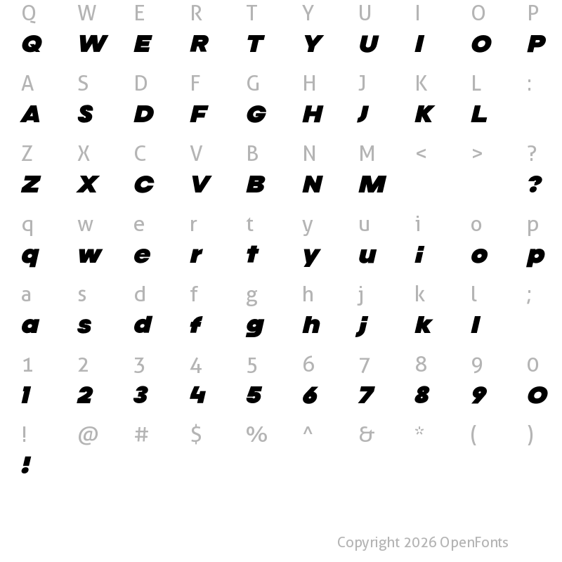 Character Map of Calandify Extra Bold Italic