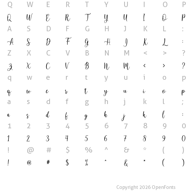 Character Map of Calissha Script Regular