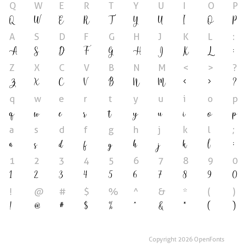 Character Map of calissha-script script