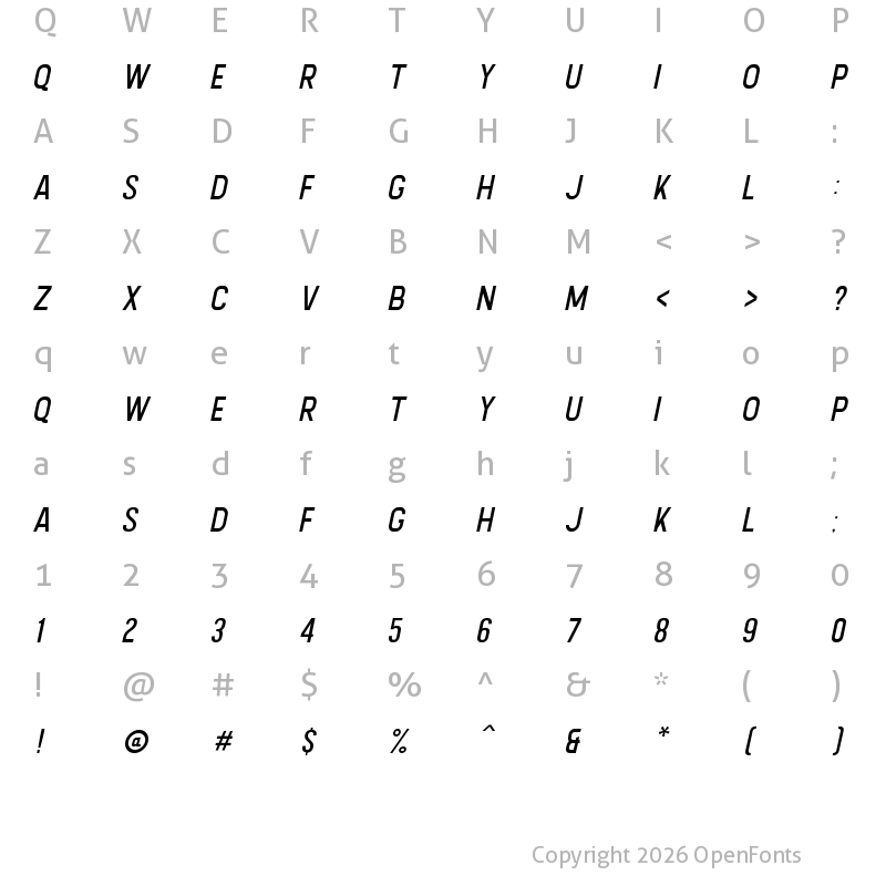 Character Map of Calvier Light Italic