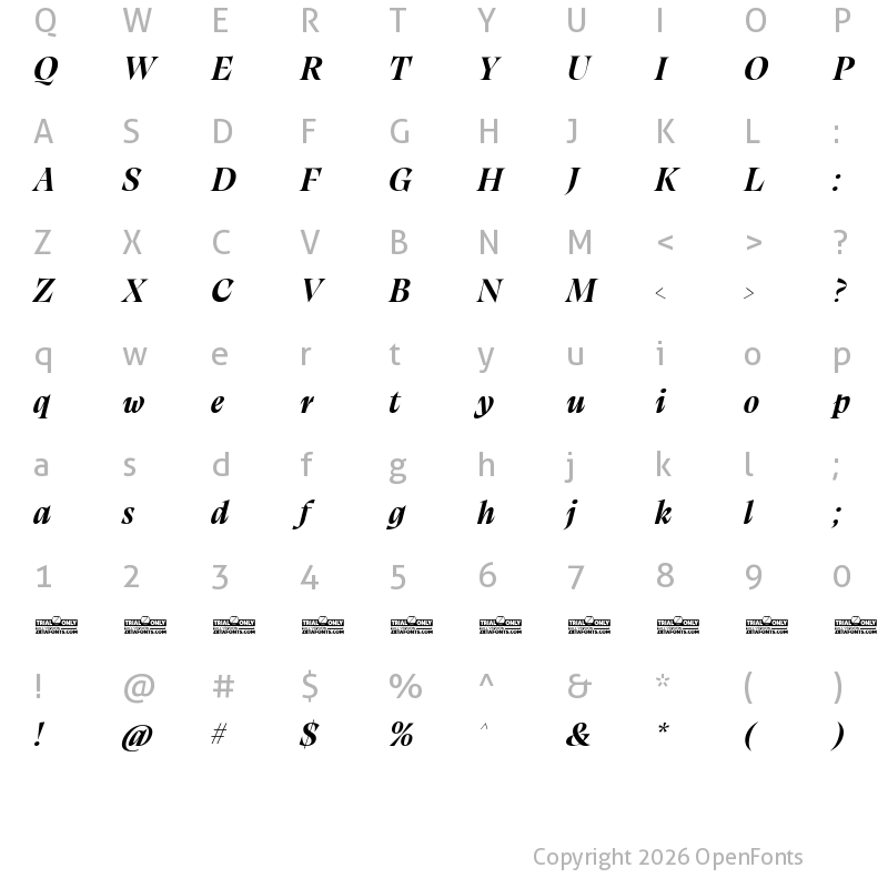 Character Map of Calvino Grande Trial Bold Italic