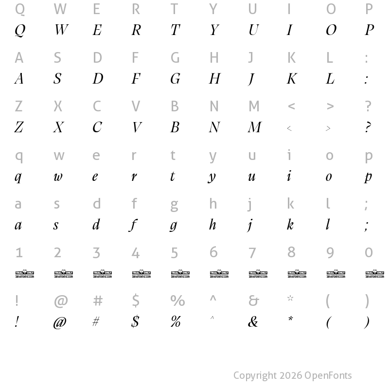 Character Map of Calvino Grande Trial Italic