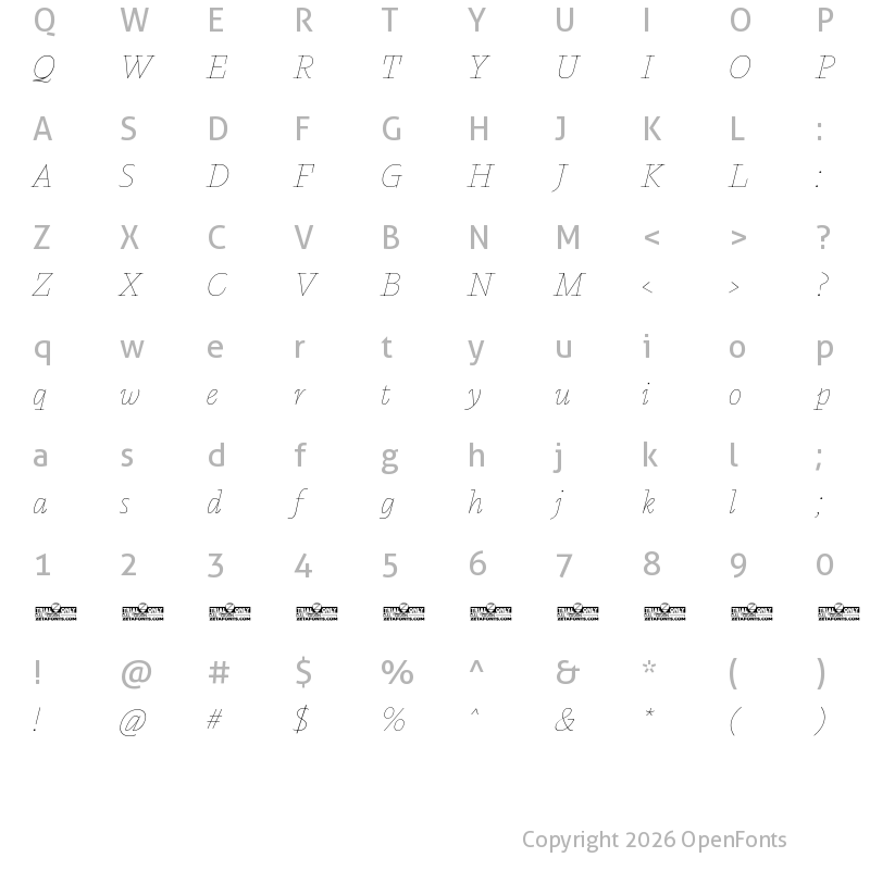 Character Map of Calvino Grande Trial Monoline Italic