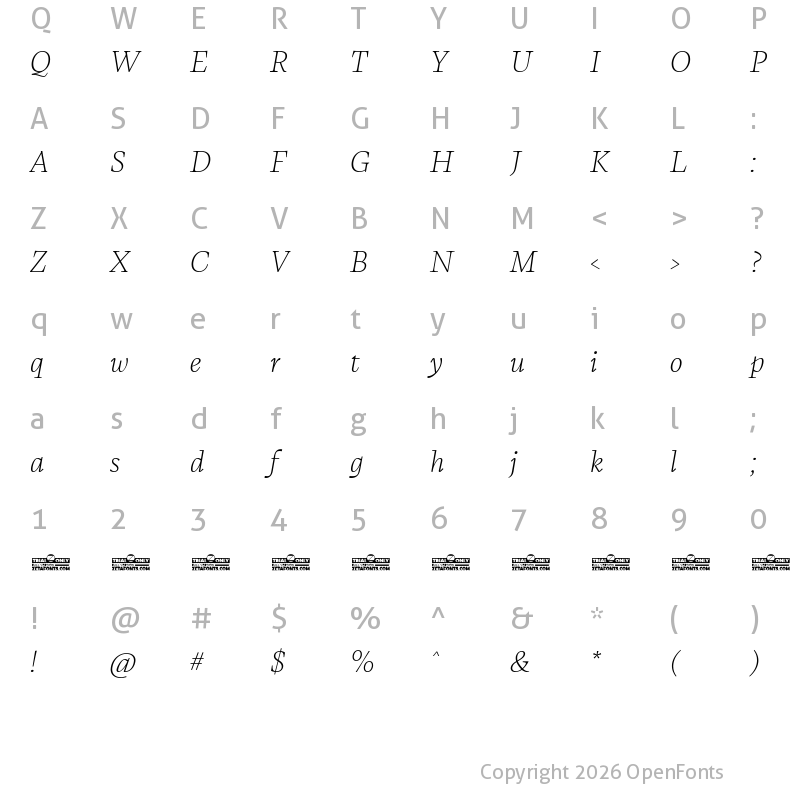 Character Map of CalvinoTrial Extralight Italic