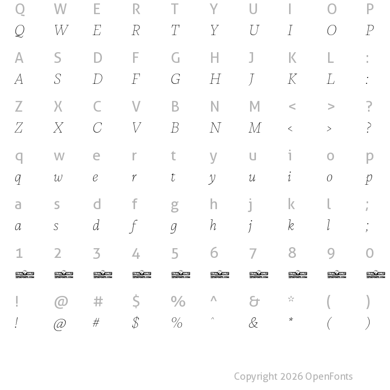 Character Map of CalvinoTrial Thin Italic