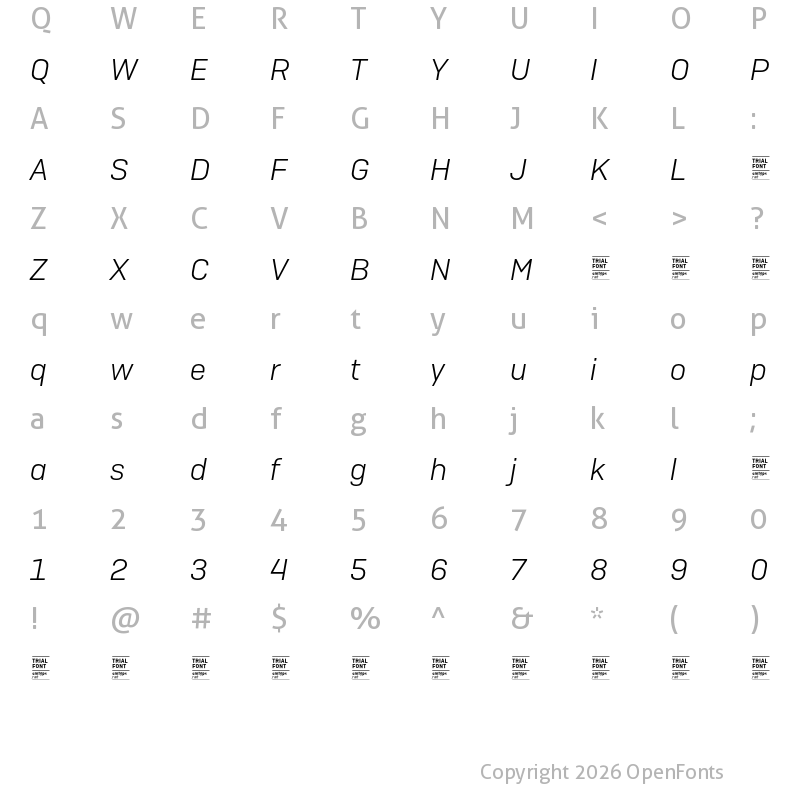 Character Map of Camber TRIAL Light Italic