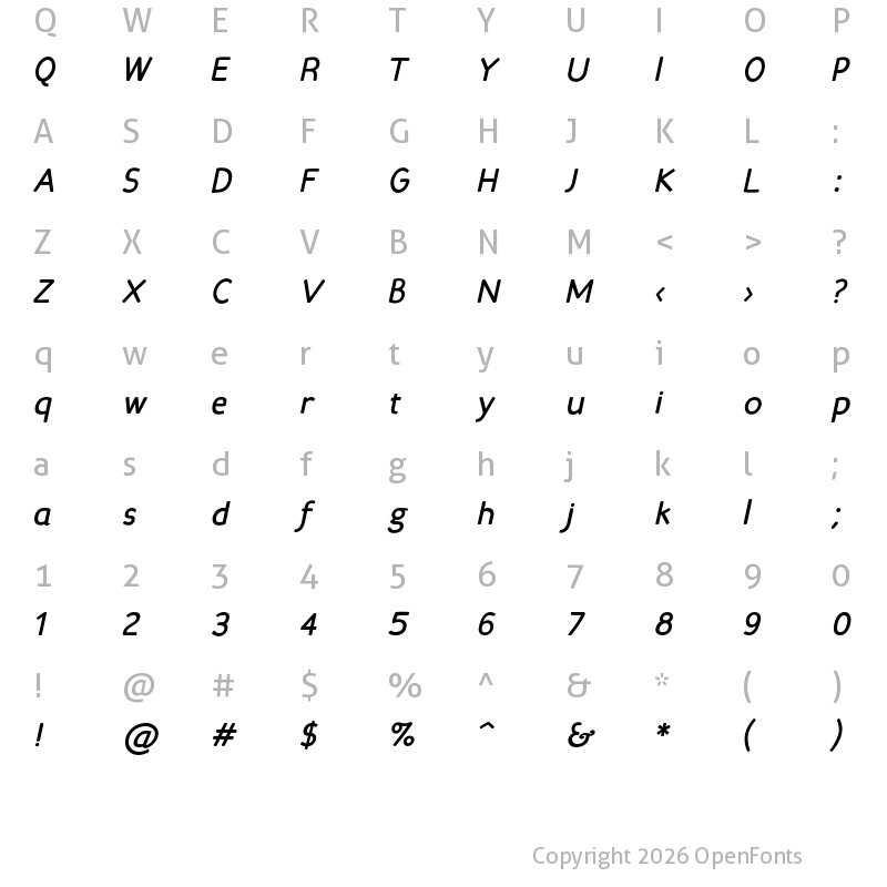 Character Map of Candela Bold Italic