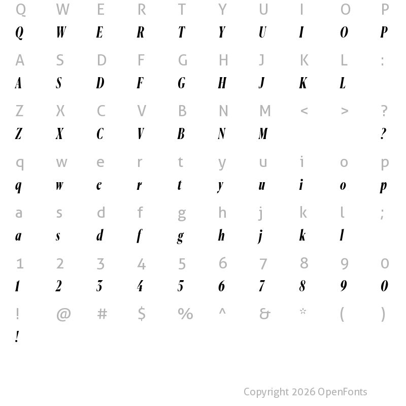 Character Map of Canela Condensed Trial Bold Italic