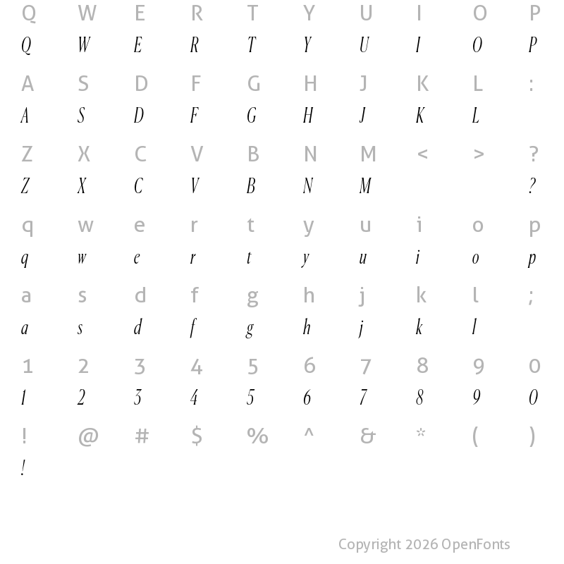 Character Map of Canela Condensed Trial Light Italic