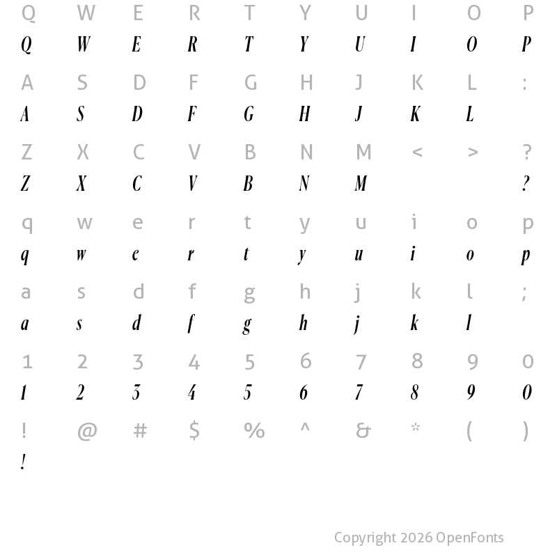 Character Map of Canela Condensed Trial Medium Italic